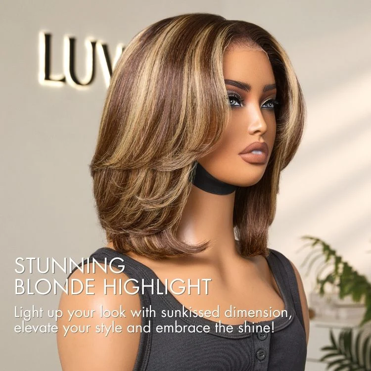 Blonde Highlight / Brown Highlight Short Layered Bob Wig Glueless 5x5 Closure Pre-Cut Lace Wig(PayPal Checkout Save $2) - Image 8