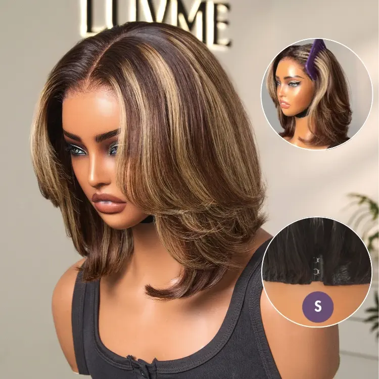 Blonde Highlight / Brown Highlight Short Layered Bob Wig Glueless 5x5 Closure Pre-Cut Lace Wig(PayPal Checkout Save $2) - Image 7