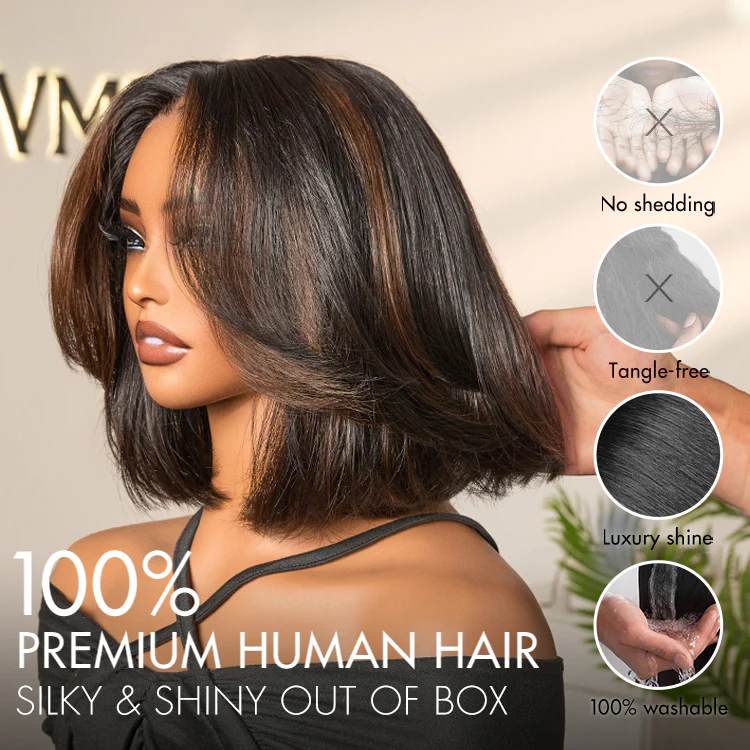 Blonde Highlight / Brown Highlight Short Layered Bob Wig Glueless 5x5 Closure Pre-Cut Lace Wig(PayPal Checkout Save $2) - Image 18