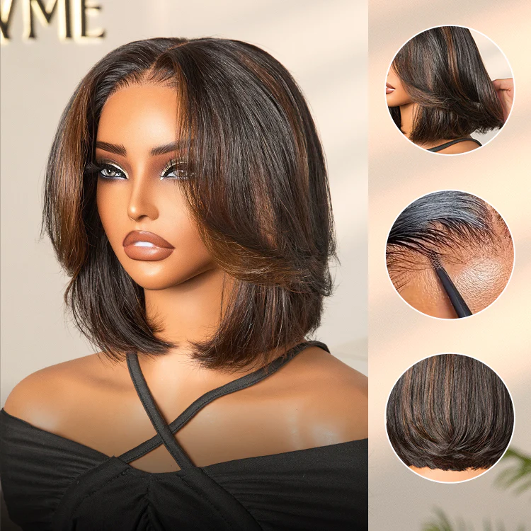 Blonde Highlight / Brown Highlight Short Layered Bob Wig Glueless 5x5 Closure Pre-Cut Lace Wig(PayPal Checkout Save $2) - Image 12