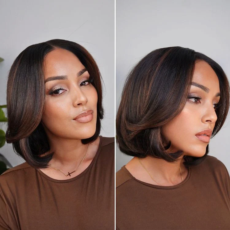 Blonde Highlight / Brown Highlight Short Layered Bob Wig Glueless 5x5 Closure Pre-Cut Lace Wig(PayPal Checkout Save $2) - Image 16