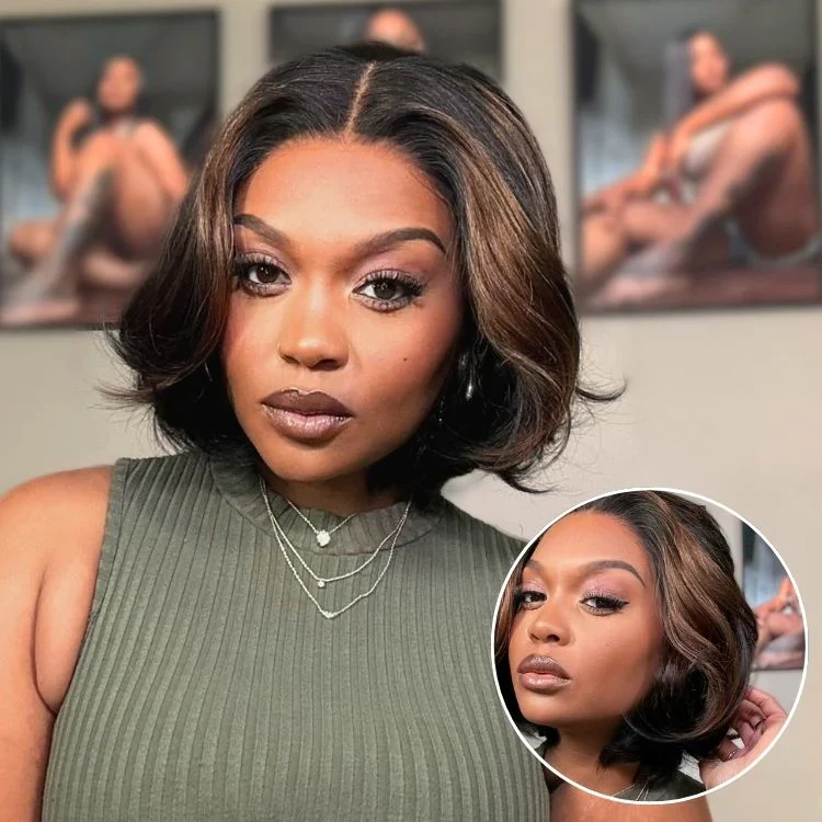 Blonde Highlight / Brown Highlight Short Layered Bob Wig Glueless 5x5 Closure Pre-Cut Lace Wig(PayPal Checkout Save $2) - Image 13