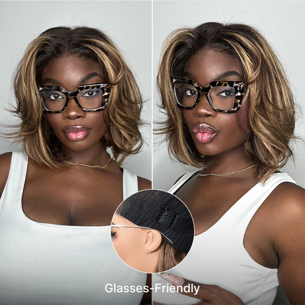 Blonde Highlight / Brown Highlight Short Layered Bob Wig Glueless 5x5 Closure Pre-Cut Lace Wig(PayPal Checkout Save $2) - Image 3