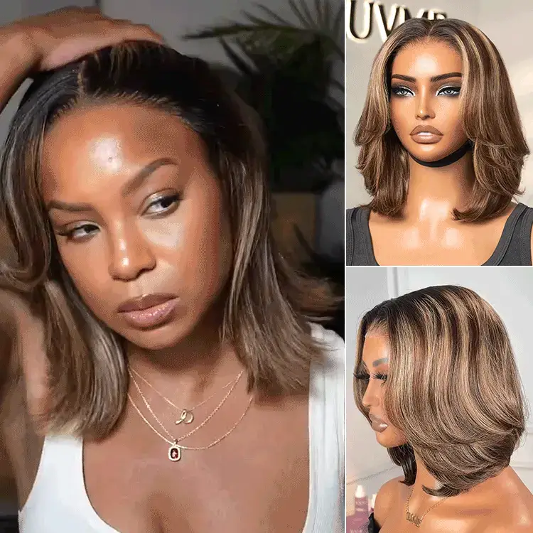 Blonde Highlight / Brown Highlight Short Layered Bob Wig Glueless 5x5 Closure Pre-Cut Lace Wig(PayPal Checkout Save $2)