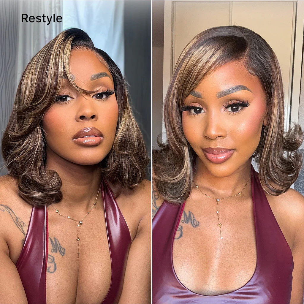Blonde Highlight / Brown Highlight Short Layered Bob Wig Glueless 5x5 Closure Pre-Cut Lace Wig(PayPal Checkout Save $2) - Image 2